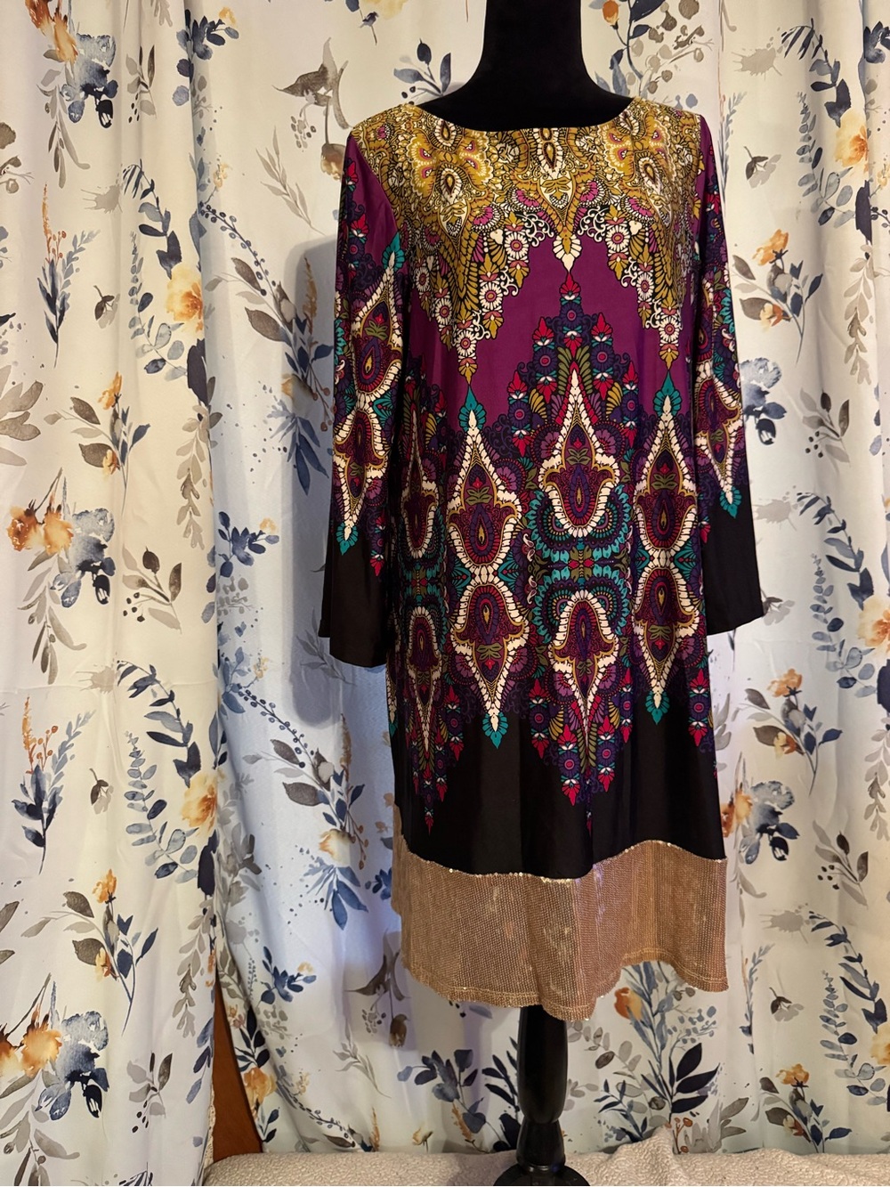 Sunny Leigh Magenta and Teal Printed Long-Sleeve Tunic Dress with Gold Hem B11